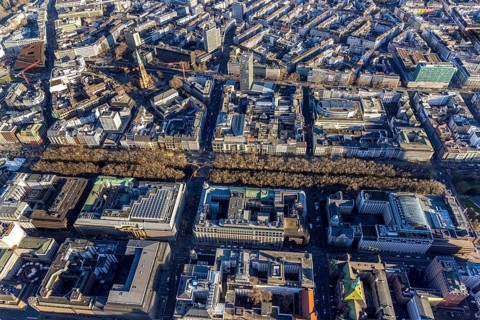 Aerial view, office buildings and commercial buildings on the Kö and evang. Johanneskirche in the