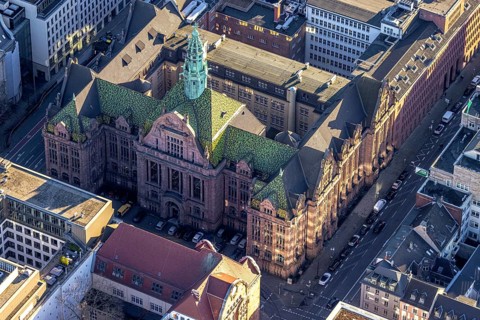 Aerial view, administrative court Düsseldorf with green roof in city centre in Düsseldorf,