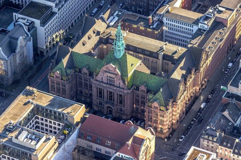 Aerial view, administrative court Düsseldorf with green roof in city centre in Düsseldorf,