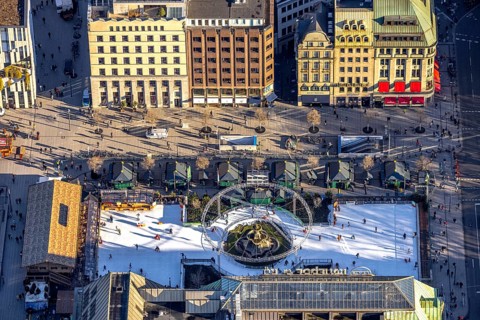 Aerial view, DEG-Winterwelt ice skating rink on the Kö at Corneliusplatz, city centre, Düsseldorf,