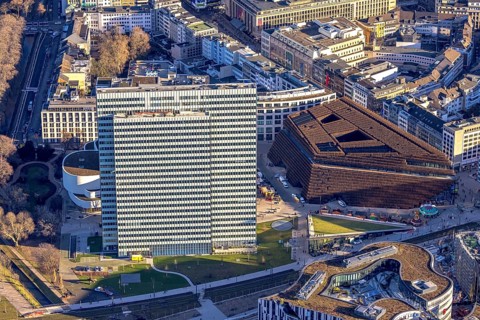 Aerial view, Dreischeibenhaus and Düsseldorfer Schauspielhaus as well as business centre Kö Bogen
