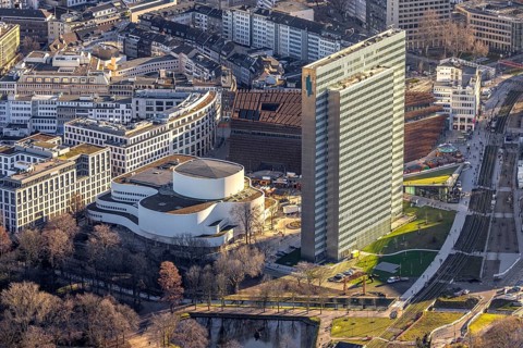 Aerial view, Dreischeibenhaus and Düsseldorfer Schauspielhaus as well as business centre Kö Bogen