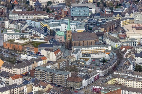 Aerial view, catholic church St. Cyriakus, city, Bottrop, Ruhr area, North Rhine-Westphalia,