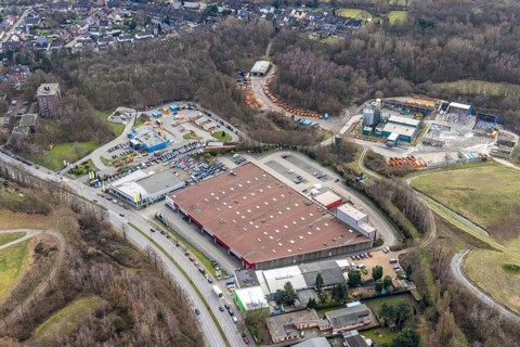 Aerial view, construction site recycling centre Donnerberg, industrial estate Südring, Bottrop,