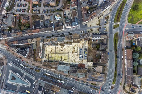 Aerial view, Am Trapez Bottrop, shopping centre, Hansa Center, Berliner Platz, city centre,