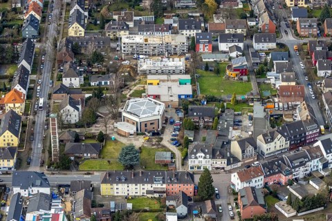 Aerial view, church St. Johannes, catholic kindergarten St. Johannes, construction site new