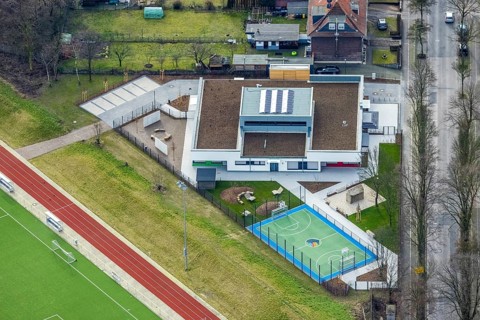 Aerial view, new building Manus, Manuel Neuer Kids Foundation, children and youth centre with