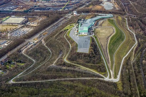 Aerial view, alpincenter Bottrop, Prosperstraße slag heap, Bottrop, Ruhr area, North