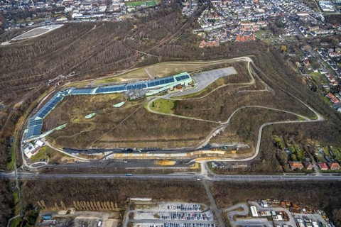 Aerial view, alpincenter Bottrop, Prosperstraße slag heap, Bottrop, Ruhr area, North