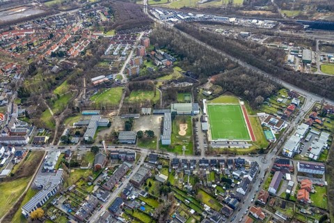 Aerial view, sports facility Welheimer Straße, Bottrop, Ruhr area, North Rhine-Westphalia, Germany,