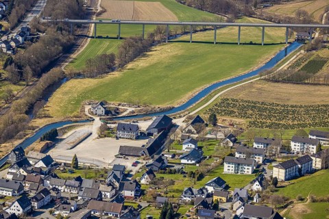 Aerial view, Ruhr river, Ruhr valley bridge Velmede, hydroelectric power station Velmede, Norbert