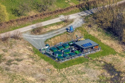 Aerial view, storage area Oststraße in the Ruhrauen, fish farm ?, Bestwig, Sauerland, North