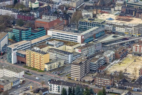 Aerial view, Am Trapez Bottrop, shopping centre Hansa Center, Berliner Platz, city centre, Bottrop,