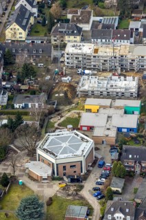 Aerial view, church St. Johannes, catholic kindergarten St. Johannes, construction site new