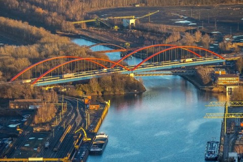 Aerial view, Rhine-Herne Canal A42 bridge in the district of Ebel in Bottrop, Ruhr area, North