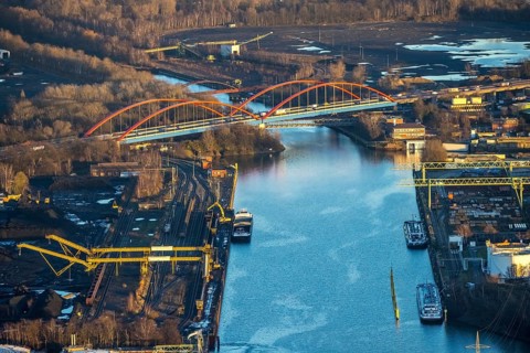 Aerial view, Rhine-Herne Canal A42 bridge in the district of Ebel in Bottrop, Ruhr area, North