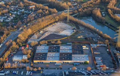 Aerial view, construction site between Am Rhein-Herne-Kanal and Borbecker Straße as well as
