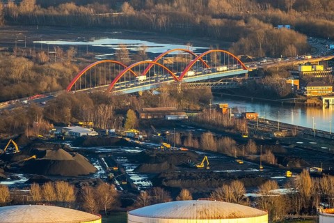 Aerial view, Rhine-Herne Canal A42 bridge in the district of Ebel in Bottrop, Ruhr area, North