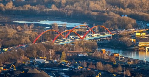 Aerial view, Rhine-Herne Canal A42 bridge in the district of Ebel in Bottrop, Ruhr area, North