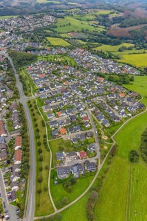 Aerial view, housing estate with playground on Frankfurter Straße in Breckerfeld, Sauerland, North