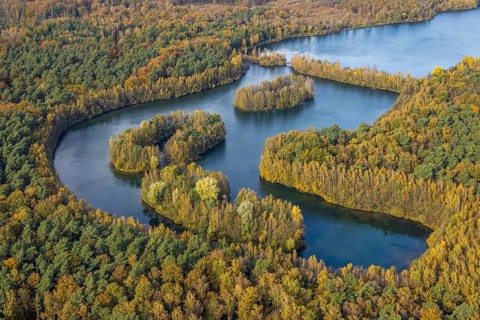 Aerial view, Heidesee surrounded by autumnal forest in the district Kirchhellen-Süd in Bottrop,