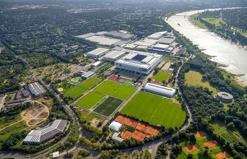 Aerial view, At the river Rhine the fair Düsseldorf with the Bundesliga stadium MERKUR SPIEL-ARENA