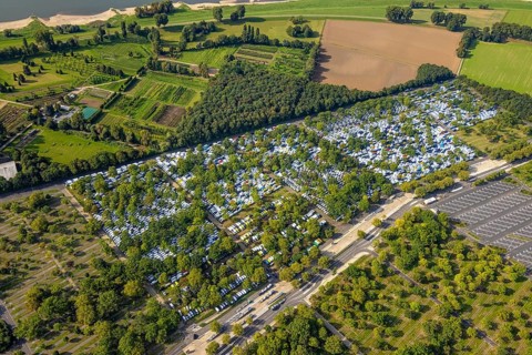 Aerial view, Caravan Centre Campsite at the fairground car park in the Stockum district of