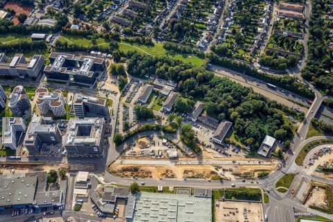 Aerial view, Federal Police Airport Road and construction site in the Unterrath district of