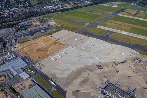 Aerial view, Düsseldorf Airport with construction site in the Lohausen district of Düsseldorf,