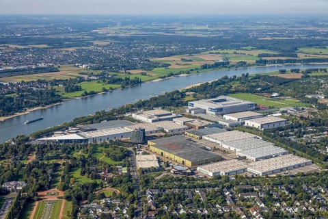 Aerial view, At the river Rhine the fair Düsseldorf with the Bundesliga stadium MERKUR SPIEL-ARENA