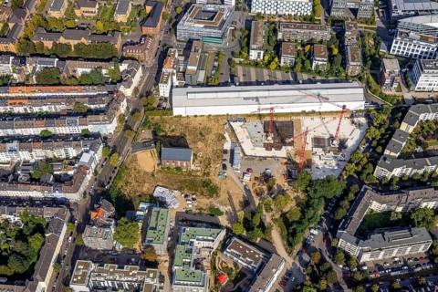 Aerial view, construction site Ulmer Höh and new building for residential quarter MAXFREI on the