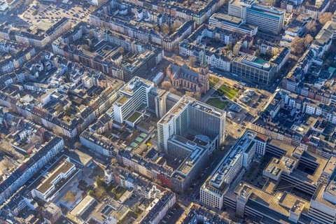 Aerial view, office buildings and commercial buildings Friedrichstraße with the catholic church St.