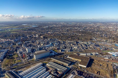 Aerial view, factory premises of Henkel AG in the Holthausen district of Düsseldorf, Rhineland,
