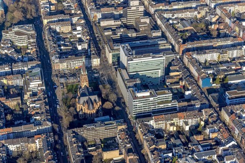 Aerial view, office buildings and commercial buildings Friedrichstraße with the catholic church St.