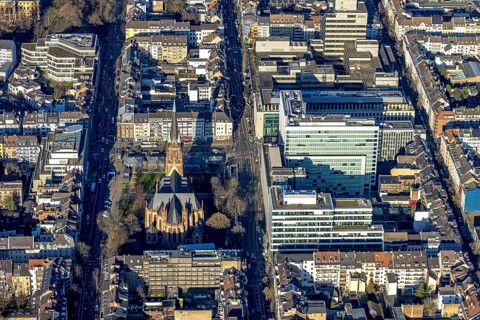 Aerial view, office buildings and commercial buildings Friedrichstraße with the catholic church St.