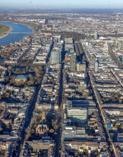 Aerial view, office buildings and commercial buildings Friedrichstraße with the catholic church St.