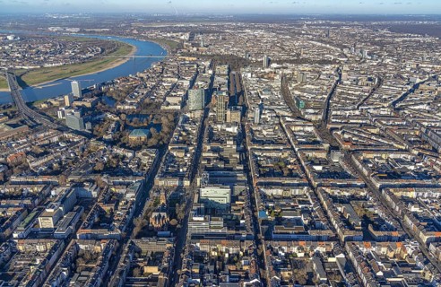 Aerial view, office buildings and commercial buildings Friedrichstraße with the catholic church St.