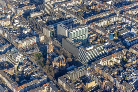 Aerial view, office buildings and commercial buildings Friedrichstraße with the catholic church St.
