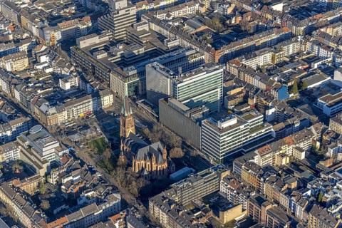Aerial view, office buildings and commercial buildings Friedrichstraße with the catholic church St.