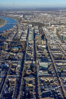 Aerial view, office buildings and commercial buildings Friedrichstraße with the catholic church St.