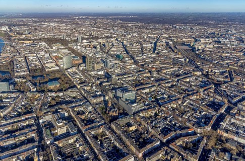 Aerial view, office buildings and commercial buildings Friedrichstraße with the catholic church St.