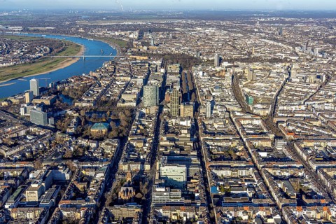 Aerial view, office buildings and commercial buildings Friedrichstraße with the catholic church St.