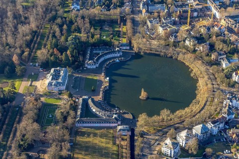 Aerial view, Benrath Castle with castle pond in the Benrath district of Düsseldorf, Rhineland,