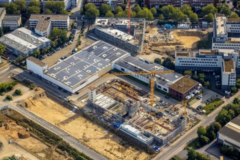 Aerial view, construction site at Marlene-Dietrich-Straße in Hansapark in the district Heerdt in