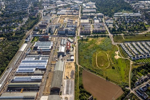 Aerial view, Areal Böhler commercial area and construction site at the VIERZIG549 residential