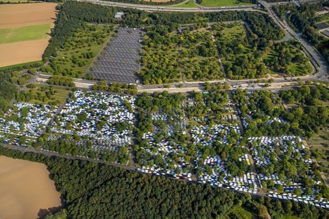Aerial view, Caravan Center Campingplatz am Messeparkplatz im Stadtteil Stockum in Düsseldorf,
