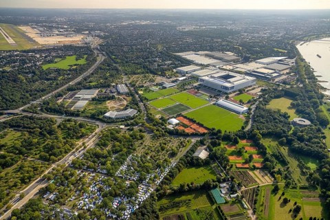 Aerial view, Caravan Center Campsite at the fairground and Messe Düsseldorf with the Bundesliga