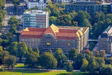 Aerial photo, Düsseldorf Higher Regional Court renovation work on the facade in the Pempelfort