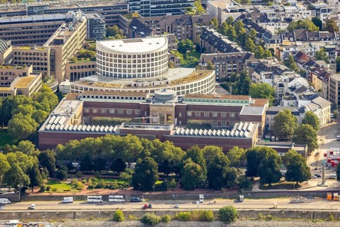 Aerial view, art palace and semicircular building of the Ministry of the Environment of North