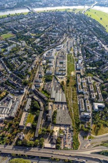 Aerial view, new development area Quartier Belsenpark and new office complex in the Oberkassel